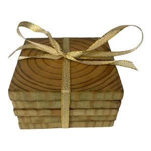 Wooden Coaster Set Handmade In USA Rustic Cabin Decor Classic Oak Stain 5 PC